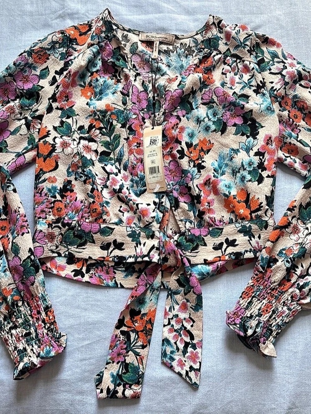 BCBGeneration Floral Tie-Front Blouse in Multicolor XS NWT
